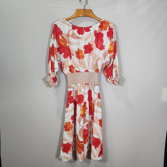 Maeve Red and White Fit and Flare Midi Dress with Flutter Sleeves - Picture 2 of 10